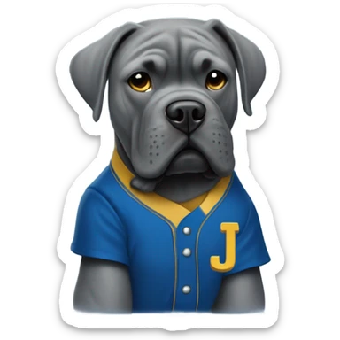 Grey Cane Corso in a blue and gold colored baseball uniform with a monogrammed J. sticker
