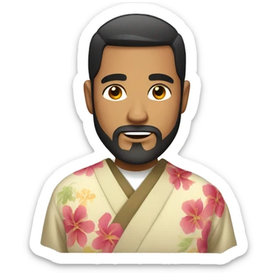 bearded Latino man with short dark hair wearing a kimono sticker