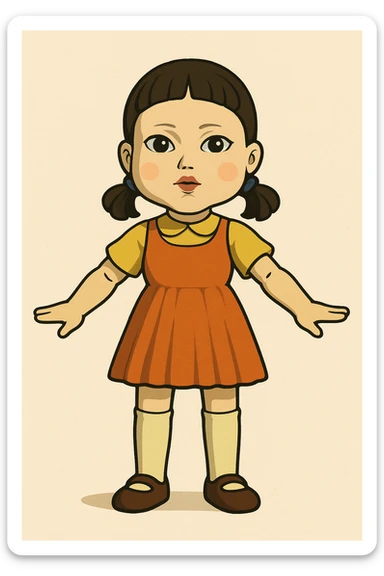 Red Light Green Light doll from Squid Game, stylized, cartoonish, simple background sticker