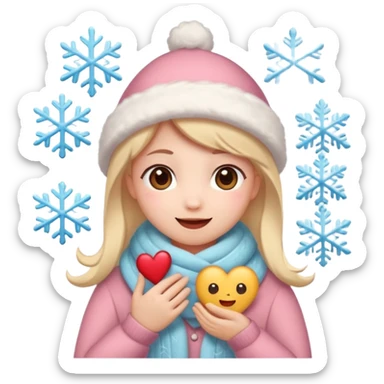 A kawaii Christmas emoji sticker, cozy winter vibes, soft colors, snowflakes, heart symbols, warm smile, cute and gentle style, festive and romantic.
 sticker