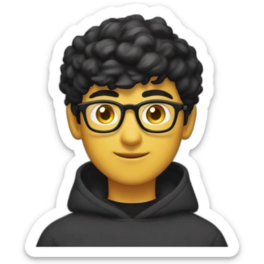 a light skin Pakistani teenager, wearing round glasses, short moustache, black hair, black jumper/sweater, structured manly face, yellow brimless cap sticker