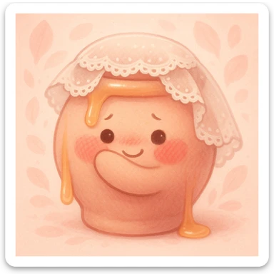bashful honeypot character, rosy cheeks, lace veil, tiny smile, hiding behind its arm, honey drips softly, blush pink color scheme, petal background sticker