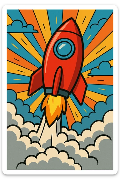 red rocket ship blasting off with smoke, playful cartoon style, bright colors, dynamic pose sticker