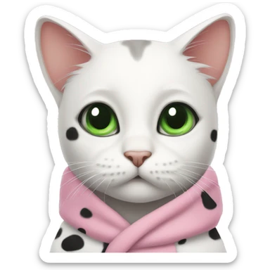 A white cat with big black spots and green eyes in a pink robe sticker