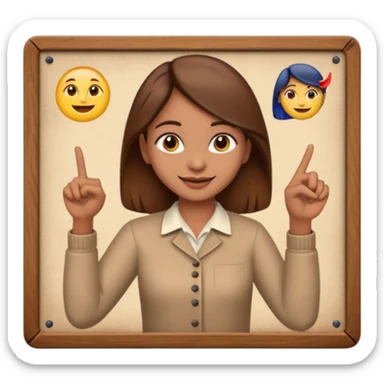 Make an emoji of a Indian origin but fair skinned girl with brown hair who is teaching how to make emojis on a board pointing to the board like a teacher sticker
