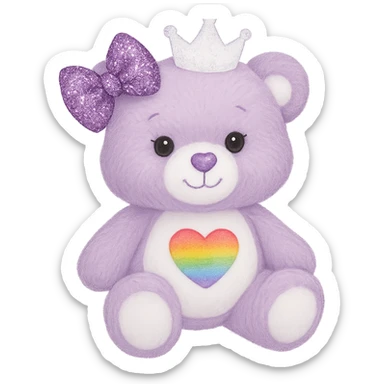 Add a glittery bow that sparkles to the purple and white teddy bear with a heart-shaped rainbow patch and a white crown. Keep the bear soft and plush, with no shadows and flat lighting. Remove the background. sticker