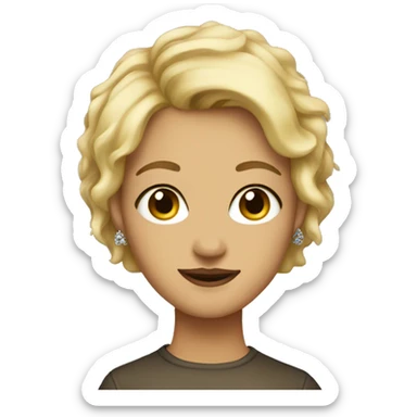 Blonde, short hair, brown eyes, wearing earrings in the form of paint sticker