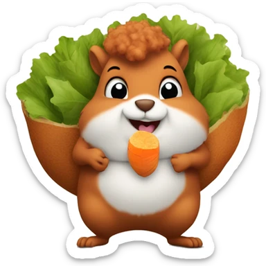 A fat squirrel with curly hair eating a sweet potato sticker