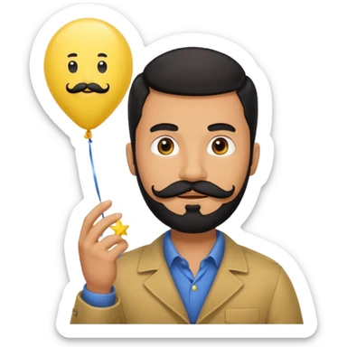 man with black bead and mustache holding star yellow balloon sticker