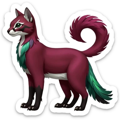 Colorful dark tropical feathery tribal dark burgundy wine-red obsidian-black jade-green white glorious iridescent divine exotic cute cool beautiful beautiful fantasy-caracal-civet-genet-sergal-vernid-Gryphon-Cacomistle-Trico-oncilla-animal-Fakémon-hybrid-fursona (full body) sticker