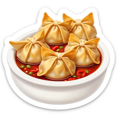 Sichuan spicy wontons in chili oil sauce, simplified emoji style with bold outlines and bright colors, cartoon style red Chinese dumplings Hongyan Chaoshou sticker