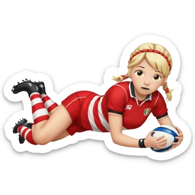 Chica de pelo rubio tirada en el suelo boca abajo agarrando un balón DE RUGBY con las manos vestida con una equipación de color rojo y blanco con líneas y con unas botas de tacos de fútbol, con un bucal en la boca y el pelo con trenzas, se la tienen que ver las piernas  sticker