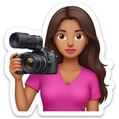 latin woman with long brunette hair hot pink v neck shirt and nikon camera sticker
