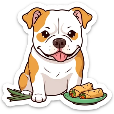 Staffordshire bully eating spring rolls  sticker