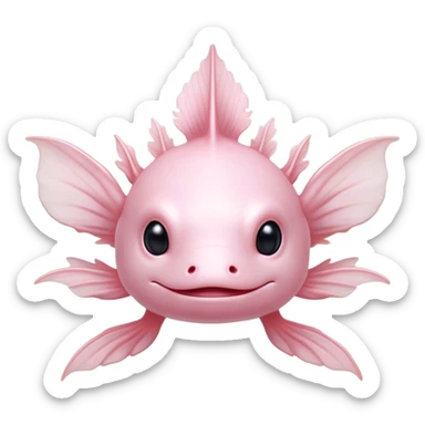 Cinematic Noble Axolotl Portrait Emoji, Poised and regal, with a slender, graceful build and smooth, pale pink skin adorned with feathery external gills, deep-set soulful dark eyes, Simplified yet sharp and sophisticated features, highly detailed, glowing with a soft, ethereal glow, high shine, intelligent and enigmatic, stylized with an air of aquatic elegance, focused and attentive, soft glowing outline, capturing the essence of a watchful and mystical creature, so majestic it feels as though it could glide out of the screen with effortless authority! sticker