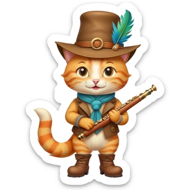 A playful orange tabby cat wearing a stylish feathered hat, big leather boots, and a confident smirk, holding a wooden flute. Inspired by Puss in Boots from Shrek, cartoonish style, vibrant colors, cute and mischievous expression. Emoji-style, simple sticker
