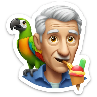 Old man with gray hair portrait with a colorful parrot on his shoulder eating a popsicle  sticker