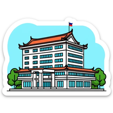 Bangkok hospital with traditional Thai roof details and modern medical facility sticker