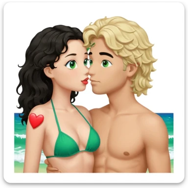 Blonde girl Green eyes wavy hair Green Bikini whole body Kissing man black Hair blue eyes Hearts in Body Background beach sticker