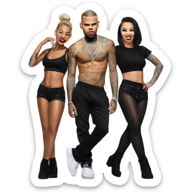 Hyper Realistic Chris Brown on stage with 2 female tattooed dancers sticker