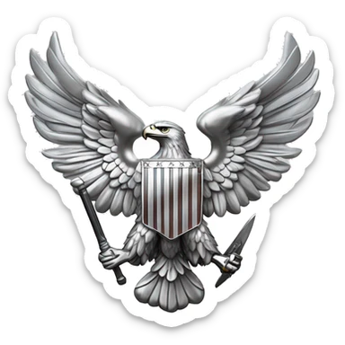 Create an emoji of a silver US Army O-6 Colonel insignia: a detailed silver eagle with outstretched wings, clutching arrows and bearing a shield on its chest. Ensure the background is transparent. The entire thing should be silver sticker