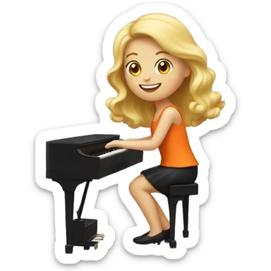 Blonde girl wearing an orange dress playing a brown upright piano sticker