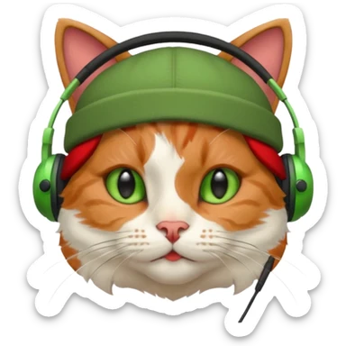 cat head, calico fur, green headphones, red hat sticker