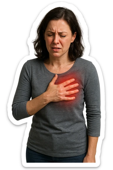 DONNA REALISTICA IN PIEDI CHE SI TOCCA IL PETTO CON ESPRESSIONE DI DOLORE IN VOLTO, IPERREALISTICO 4K sticker