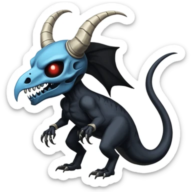 Shiny Dark Edgy  Duskull-Salandit-Inteleon-Amaura-Fakémon-hybrid-creature (full body) with a horned animal-skull-mask sticker