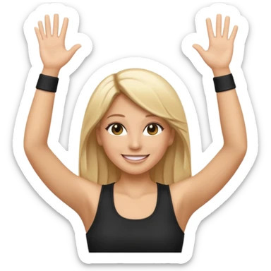I want a white female dj animated gif emoji with long straight blonde hair putting hands up in the air. Wearing a black tight top with no sleeve sticker