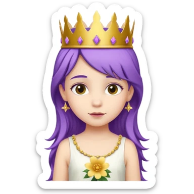 Princesses kid girl, with Gold Crown and flower on purple hair, with white dress sticker