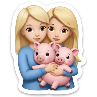 Girlfriends, blonde and brunette, hugging each other with a teddy bear and a little pig sticker