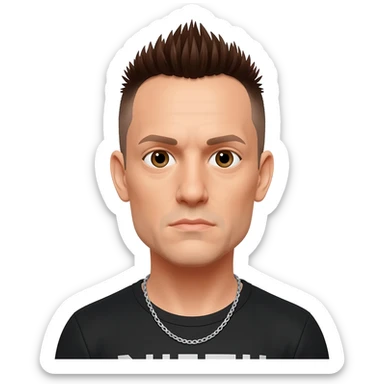 Chester Bennington with brown eyes, dark brown mohawk hair, black metallic t-shirt, silver necklace sticker