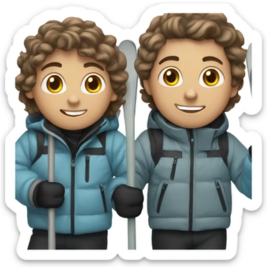 white Boy with wavy brown hair skiing with blue skis. He is wearing all black snow pants and a gray jacket   sticker