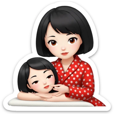 girl with black bob-cut hair, black and red dotted coat, Chinese appearance, giving a massage, masseuse vibe sticker