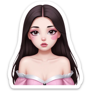 girl with white skin, dark brown long straight hair with middle part falling in front of her body, very big pouty extra shiny lips with absolutely no cupid's bow, big round shiny eyes with black eyeballs and huge eyelashes, no eyeshadow, pink blush on cheeks, lighter button nose, very long oval-shaped face, wearing a pink off-shoulder top, looking directly at camera with hands down at sides sticker