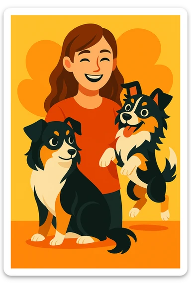 Make the woman younger while keeping her with two mini Australian shepherds, one dainty female and one boyish male, in the same vibrant toon style. sticker
