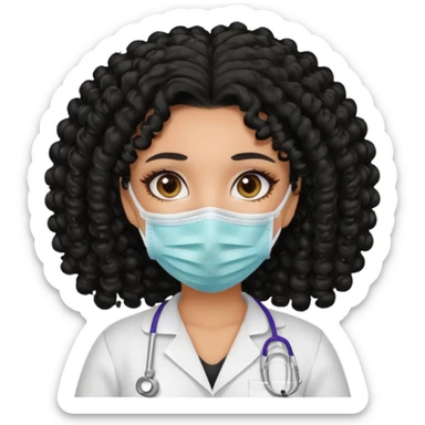 a pretty tan bratz girl with black curly hair. no makeup, looking sick, wearing a mask sticker