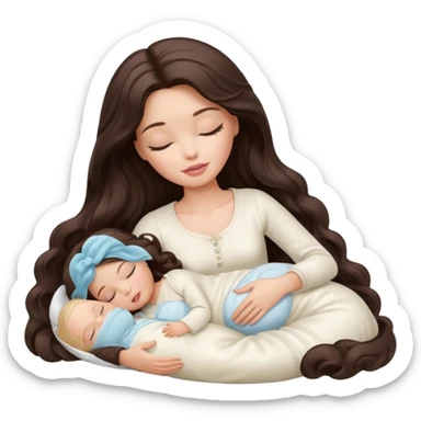 White Barbie girl dark brown long wavy hair sleeping with white baby at cream bed sticker
