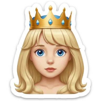 simple Blonde girl with bangs, long seductive hair and blue eyes, and a simple crown. giving cockerspaniel energy head only sticker