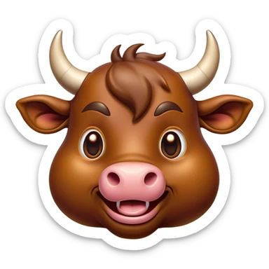 Cinematic Comical Brown Bull Portrait Emoji, Head tilted dramatically with an exaggeratedly amused expression, featuring a striking, glossy brown hide with a bold natural sheen, wide, expressive dark eyes filled with playful disbelief, Simplified yet hilariously expressive features, highly detailed, glowing with a slightly sassy glow, high shine, dramatic yet playful, stylized with an air of cheeky mischief, bright and endearing, soft glowing outline, capturing the essence of a spirited and over-the-top bull, so meme-worthy it feels like it could charge its way into internet fame instantly! sticker