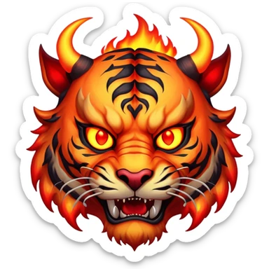 demon tiger face with horns red glowing eyes and fire for Twitch emote sticker