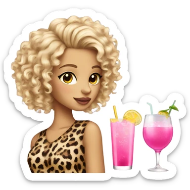 Blonde girl curly hair leopard print drinking pink cocktail sticker