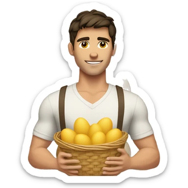 Buff white young man with dark hair holding one basket with a ton of eggs sticker