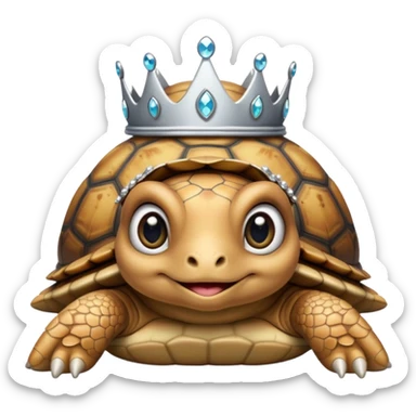 a cute domestic turtle with big eyes and with a silver tiara sticker