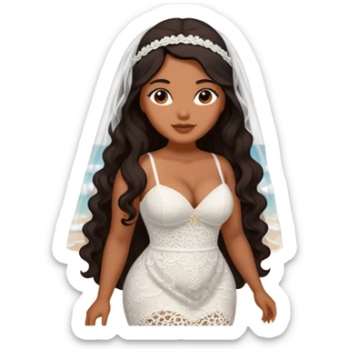 Curvy woman with brown skin with long wavy black hair, brown eyes. She's wearing a white crotchet dress getting married on a beach sticker
