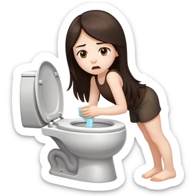 girl with long dark brown hair and pale skin vomits into a toilet sticker