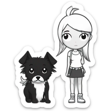 a dog and a girl with black spiky hair looking at each other in style of ((sarah andersen)), black and white sticker