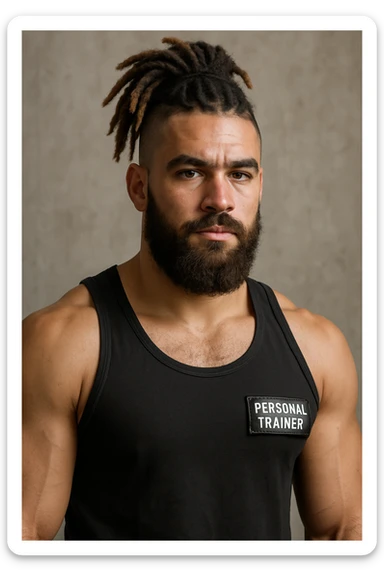 young strong male personal trainer, wearing a black tank top, large beard, dreadlocks only on the top of the head with shaved sides, brown dreadlocks with blonde tips, realistic detailed portrait sticker