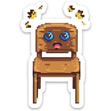 Pixel art of a wooden chair with cartoon eyes flying in the air sticker